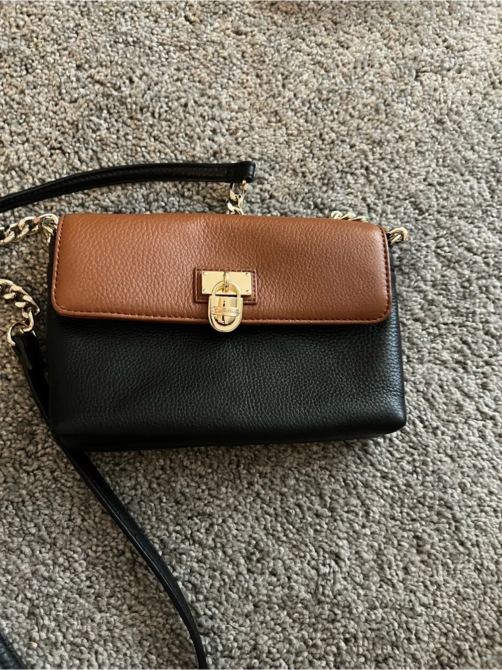 Calvin Klein Two-Tone Black and Brown Leather Crossbody with Gold Lock